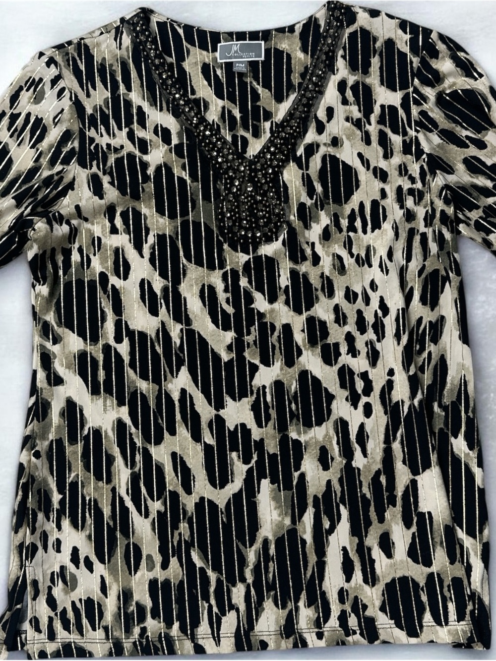 JM Collection Black and Cream Animal-Print V-Neck Tunic with Beaded Trim